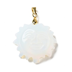 Opalite Opalite Pendants, with Golden Tone Brass Findings, Lead Free & Cadmium Free, Sun with Smiling Face, 36x29~29.5x9.5mm, Hole: 4x5mm