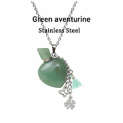 Green Aventurine Natural Green Aventurine Teardrop Perfume Bottle Pendant Necklace with Staninless Steel Butterfly Flower and Random Color Tassel Charms, Essential Oil Vial Jewelry for Women, 18.11 inch(46cm)