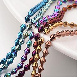 Mixed Color Electroplate Non-magnetic Synthetic Hematite Bead Strands, Bicone, Mixed Color, 5.5x4mm, Hole: 1mm, about 72pcs/strand, 15.7 inch