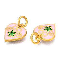 Pearl Pink Alloy Enamel Charms, with Jump Rings, Matte Gold Color, Cadmium Free & Lead Free, Heart with Flower, Pearl Pink, 14.5x12x2.5mm, Jump Ring: 6x1mm, 4mm inner diameter