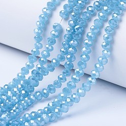 Azul Cielo Abalorios de vidrio electrochapa, cuentas de jade de imitación, lustre de la perla chapado, facetados, Rondana plana, luz azul cielo, 6x5 mm, agujero: 1 mm, sobre 87~90 unidades / cadena, 17~17.5 pulgada (42.5~43.75 cm)