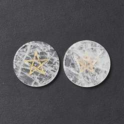 Quartz Crystal Natural Quartz Crystal Cabochons, Rock Crystal Cabochons, Flat Round with Pentagram Pattern, 25x2.5~3mm