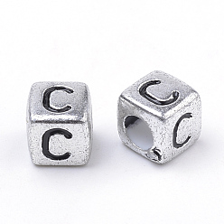 Letter C Plated Acrylic Beads, Horizontal Hole, Cube with Letter, Antique Silver, Letter.C, 6mm, Hole: 3mm, about 3000pcs/500g