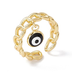 Black Enamel Evil Eye Charm Open Cuff Ring with Enamel, Real 18K Gold Plated Brass Jewelry for Women, Lead Free & Cadmium Free, Black, US Size 7 1/4(17.5mm)