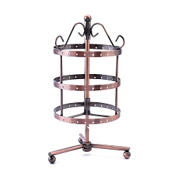 Red Copper Iron Rotating 3-Tier Earring Display Stand, for Hanging Dangle Earring, 72 Holes, Red Copper, 110x110x250mm