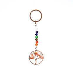 Carnelian Flat Round with Tree of Life Natural Carnelian Chips Keychains, with Chakra Round Gemstone and Brass Findings, for Car Backpack Pendant Accessories, 10.5cm