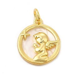 Angel & Fairy Rack Plating Brass with Plastic Pendants, Real 18K Gold Plated, Flat Round with Angel, Lead Free & Cadmium Free, Angel & Fairy Pattern, 20x17.5x3mm, Hole: 4.5mm