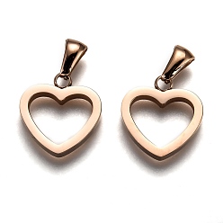 Rose Gold Ion Plating(IP) 304 Stainless Steel Pendants, Manual Polishing, Hollow, Heart, Rose Gold, 16x15x4mm, Hole: 6x2.5mm