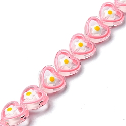 Pearl Pink Handmade Lampwork Beads Strands, with Enamel, Heart with Flower, Pearl Pink, 12x12x7mm, Hole: 1.2mm, about 30pcs/strand, 12.80''(32.5cm)
