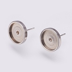 Stainless Steel Color 201 Stainless Steel Stud Earring Settings, with 304 Stainless Steel Pins, Flat Round, Stainless Steel Color, Tray: 10mm, 12x2mm, Pin: 0.8mm