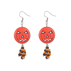 Orange Red Synthetic Turquoise Pumpkin Dangle Earrings with Seed Beaded, 316 Surgical Stainless Steel Jewelry for Halloween, Orange Red, 70mm, Pin: 0.7mm