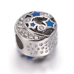 Blue Retro 304 Stainless Steel European Beads, with Enamel and Rhinestone, Large Hole Beads, Flat Round with Star and Moon, Antique Silver, Blue, 11.5x9.5mm, Hole: 4.5mm