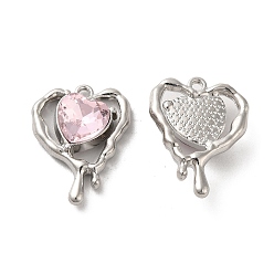 Pink Glass Melting Heart Pendant, with Platinum Alloy Findings, Lead Free & Cadmium Free, Pink, 20x15.5x5.5mm, Hole: 1.4mm