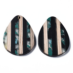 Light Sea Green Stripe Resin & Walnut Wood Pendants, Teardrop, Light Sea Green, 36x26x3mm, Hole: 1.8mm