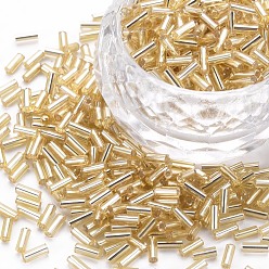 Pale Goldenrod Plated Glass Bugle Beads, Metallic Colours, Pale Goldenrod, 4x2mm, Hole: 1mm, about 14000pcs/Pound