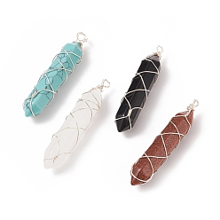 Mixed Stone Natural & Synthetic Mixed Stone Double Terminal Pointed Pendants, with Silver Tone Copper Wire Wrapped, Bullet Charm, 61x13x12.5mm, Hole: 4mm