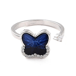 Blue Butterfly Rotatable Open Ring for Women, Brass Cubic Zirconia Fidget Spinner Rings, Adjustable Relieve Stress Cuff Ring, Platinum, Blue, US Size 6 1/2(16.9mm)