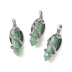 Green Aventurine Natural Green Aventurine Pointed Pendants, Faceted Bullet Charms with Antique Silver Tone Alloy Dragon Wrapped, 47.5x19x18.5mm, Hole: 7.5x6mm