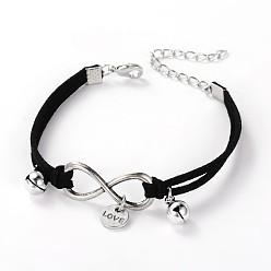Black Leather Cord Brass Infinity link Bracelets, with Tibetan Style Findings and Brass Lobster Claw Clasps, Black, 180mm