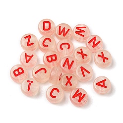 Rouge Perles acryliques lumineuses transparentes, rond et plat avec des lettres, rouge, 7x4mm, Trou: 1.4mm, 3600 pcs / 500 g