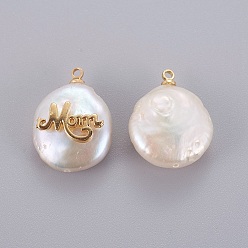 Golden Mother's Day Theme, Natural Cultured Freshwater Pearl Pendants, with Brass Cabochons, Nuggets with Word Mom, Golden, 14~28x12~22x5~12mm, Hole: 1.2mm