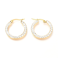 Golden 304 Stainless Steel Hoop Earrings, with Polymer Clay Rhinestones, Flat Ring Shape, Golden, 27x25x2.6mm, Pin: 0.7mm