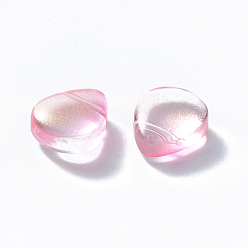 Pink Transparent Spray Painted Glass Beads, Top Drilled Beads, with Glitter Powder, Teardrop, Pink, 12.5x10.5x5.5mm, Hole: 0.9mm
