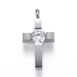 Stainless Steel Color 304 Stainless Steel Pendants, Cross, with Cubic Zirconia, Stainless Steel Color, 25x13x6.5mm, Hole: 3mm
