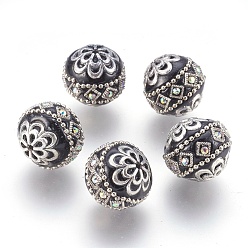 Noir Perles Indonésiennes manuelles, avec les accessoires en métal, ronde, argent antique, noir, 19.5x19mm, Trou: 1mm
