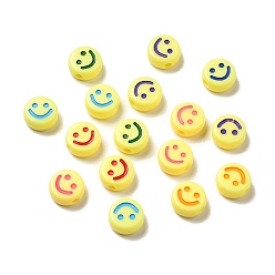 Couleur Mélangete Perles acryliques opaques, plat rond avec motif de visage souriant, couleur mixte, 10x5mm, Trou: 2mm, environ1450 pcs / 500 g