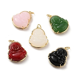 Mixed Color Natural Dyed Jade Pendants, with Rack Plating Real 18K Gold Plated Brass Findings and Jump Ring, Laughing Buddha, Cadmium Free & Nickel Free & Lead Free, Mixed Color, 24x19x7.5mm, Jump Ring: 5x0.7mm, Hole: 3.4mm