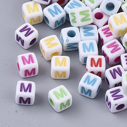 Letter M White Opaque Acrylic Beads, Horizontal Hole, Cube with Mixed Color Letter, Letter.M, 5x5x5mm, Hole: 2mm, about 5000pcs/500g