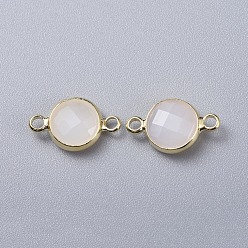 White Golden Tone Brass Glass Links connectors, Faceted, Flat Round, White, 16x10.5x4mm, Hole: 1.5mm