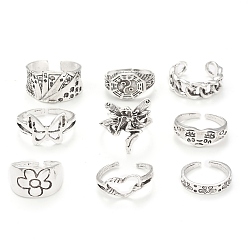 Antique Silver Tibetan Style Alloy Stackable Rings Set, Gothic Jewelry for Women, Antique Silver, Inner Diameter: 15~19mm, 9Pcs/set