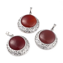 Red Agate Natural Red Agate Pendants with Hollow Platinum Brass Findings, Flat Round, 33.5x30x6mm, Hole: 8x5mm