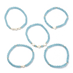 White Jade 5Pcs 5 Style Natural Dyed White Jade & Pearl & Shell Star Beaded Stretch Bracelets Set, Inner Diameter: 1-3/4~1-3/4 inch(4.3~4.5cm), 1Pcs/style