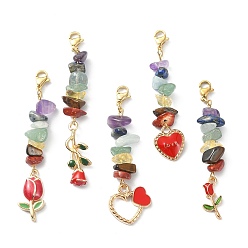 Mixed Stone Chakra Gemstone Chip Beaded Pendant Decorations, Valentine's Day Alloy Enamel Charms and 304 Stainless Steel Lobster Claw Clasps, Heart & Rose, 62~67mm