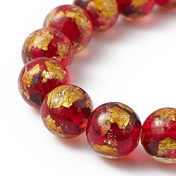 Rojo Oscuro Perlas de cristal de murano de arena de oro hecho a mano hilos, rondo, de color rojo oscuro, 9~10.5 mm, agujero: 1.6~1.8 mm, sobre 30 unidades / cadena, 26~29 cm