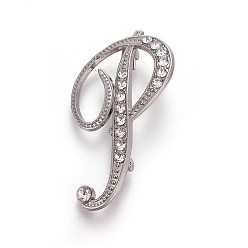 Platinum Alloy Brooches, with Rhinestone, Letter, Letter.P, Platinum, 49x29x4mm, Pin: 1mm