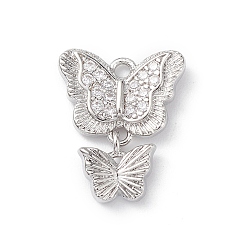 Platinum Rack Plating Brass Micro Pave Clear Cubic Zirconia Charms, Double Butterfly Charms, Long-Lasting Plated, Cadmium Free & Lead Free, Platinum, 15x12.5x2.5mm, Hole: 1.4mm