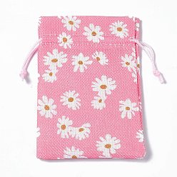 Flower Burlap Packing Pouches Drawstring Bags, Rectangle, Hot Pink, Flower, 13.5~14x10x0.35cm