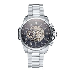 Stainless Steel Color Alloy Watch Head Mechanical Watches, with Stainless Steel Watch Band, Stainless Steel Color, 220x20mm, Watch Head: 51x52x14.5mm, Watch Face: 39mm