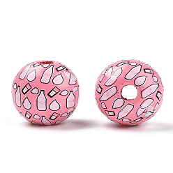 Hot Pink Printed Schima Wooden Beads, Round with Feeding-Bottle Pattern, Hot Pink, 16x14.5mm, Hole: 3.8mm