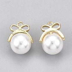 Creamy White ABS Plastic Imitation Pearl Charms, with Brass Findings, Bowknot, Real 18K Gold Plated, Creamy White, 13x10x8mm, Hole: 1mm
