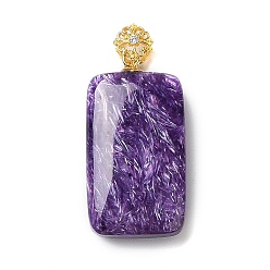 Charoite Natural Charoite Pendants, Rectangle Charms with Golden Tone 925 Sterling Silver Rhinestone Findings, 28.5x15x6.5mm, Hole: 4x2mm