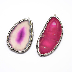 Fuchsia Dyed Natural Agate Nuggets Big Pendants, with Polymer Clay Rhinestone and Platinum Tone Brass Findings, Fuchsia, 50~92x31~58x5mm, Hole: 2mm