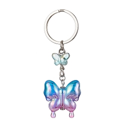 Dodger Blue Glass & Acrylic Butterfly Keychain, with Iron Keychain Ring, Dodger Blue, 8.5cm
