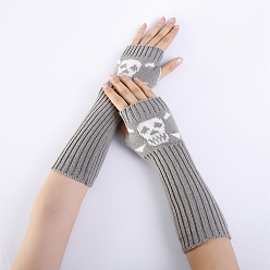 Light Grey Polyacrylonitrile Fiber Yarn Knitting Long Fingerless Gloves, Arm Warmer, Winter Warm Gloves with Thumb Hole, Skull Pattern, Light Grey, 295~330x80mm