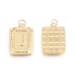 Letter J Brass Pendants, with Jump Rings, Cadmium Free & Nickel Free & Lead Free, Rectangle with Letter, Real 18K Gold Plated, Letter.J, 22.5x16x2mm, Jump Ring: 5x1mm, 3mm inner diameter