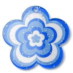 Bleu Bleuet Pendentifs en acrylique avec poudre de paillettes, fleur, bleuet, 30.5x31.5x1.8mm, Trou: 1.8mm